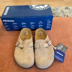 Birkenstock Boston taupe suede mule clogs